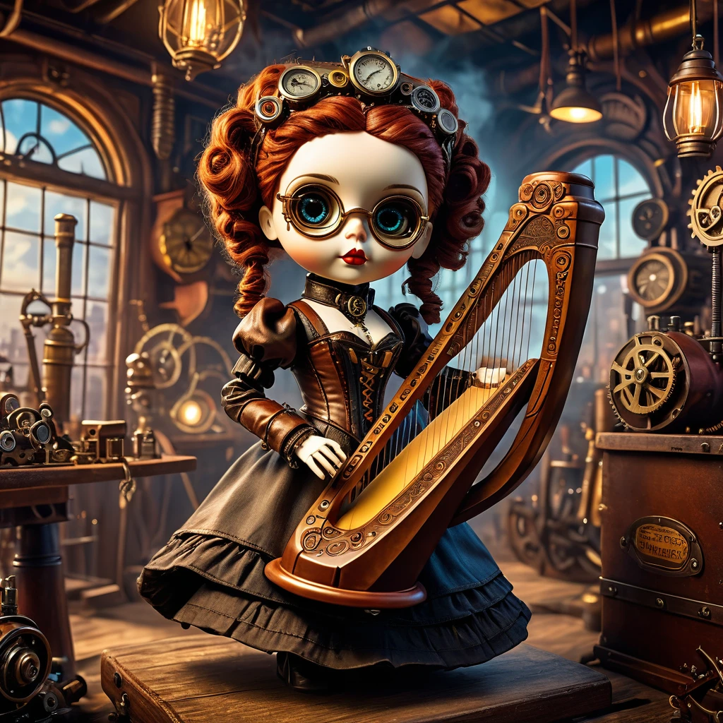 (voodoo doll playing the harp:1.2), (Voodoo Steampunk:1.3), (badass clothing: leather corset, aviator glasses, Gears and mechanical parts:1.0), (in the background steam engines, airships and Victorian buildings:1.2), best qualityer, work of art, detailed soft oil painting, detailed back ground, dramatic cinematic lighting, soft edge lighting, proffesional, dramatic lighting, hard edge lighting, ultra quality, 4K, work of art, best qualityer, 8K, ultra high definition, high resolution, extremely detaild