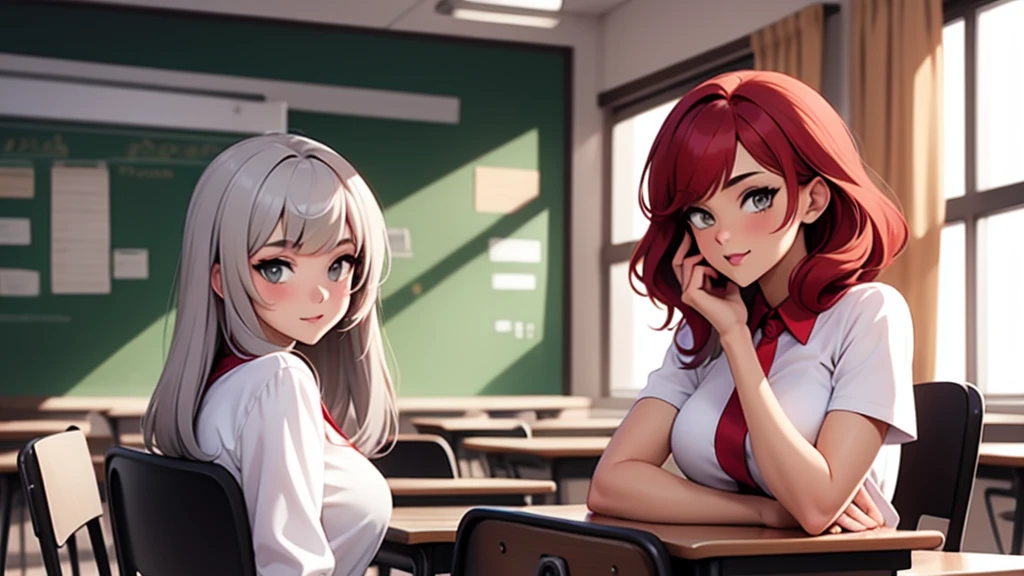 girl possesses long, flowing gray hair in stunning shades of blended. Paired with a boy with red hair in an anime-style setting in classroom at the school,