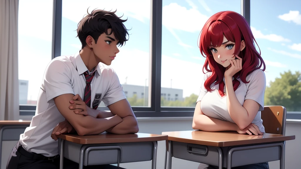 girl possesses long, flowing gray hair in stunning shades of blended. Paired with a boy with red hair in an anime-style setting in classroom at the school,