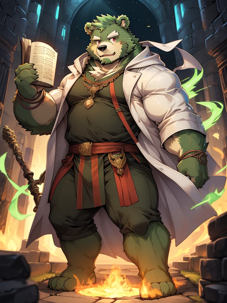 masterpiece, high quality, anime, detailed eyes, male jinpei, anthro, bear, Great physique, strong arms manly, Casual suit, (((green bear))), (((green fur))), green hair, beard, white eyebrows, bald, detailed red eyes, tall, Joyful, (black t-shirt inside), (((white unhooded trench coat ))), by zixiong, magic staff, dungeon, labyrinth, read a magic book and hold a magic staff, casting magic, action pose,