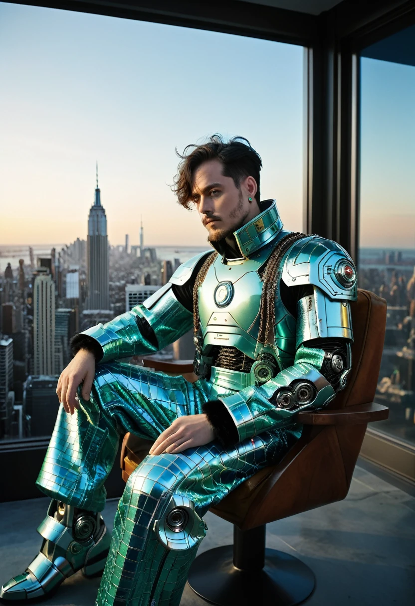 photograph, The man, with a floppy ears and piercing aquamarine eyes, sits in a harsh Nerdyfootstool, his wide-leg jumpsuit and clutch covered in intricate patterns of blue-green fur. He looks out at the vast expanse of space, his arms crossed as he studies his favorite robot, Cyborg. The scene takes place in a small, Victorian house in New York City. In the distance, at Sunset, horizon-centered, Cubo-futurism, Cinestill, Kodak UltraMax 400, perspective, (key visual, cinematic grey Color grading)
