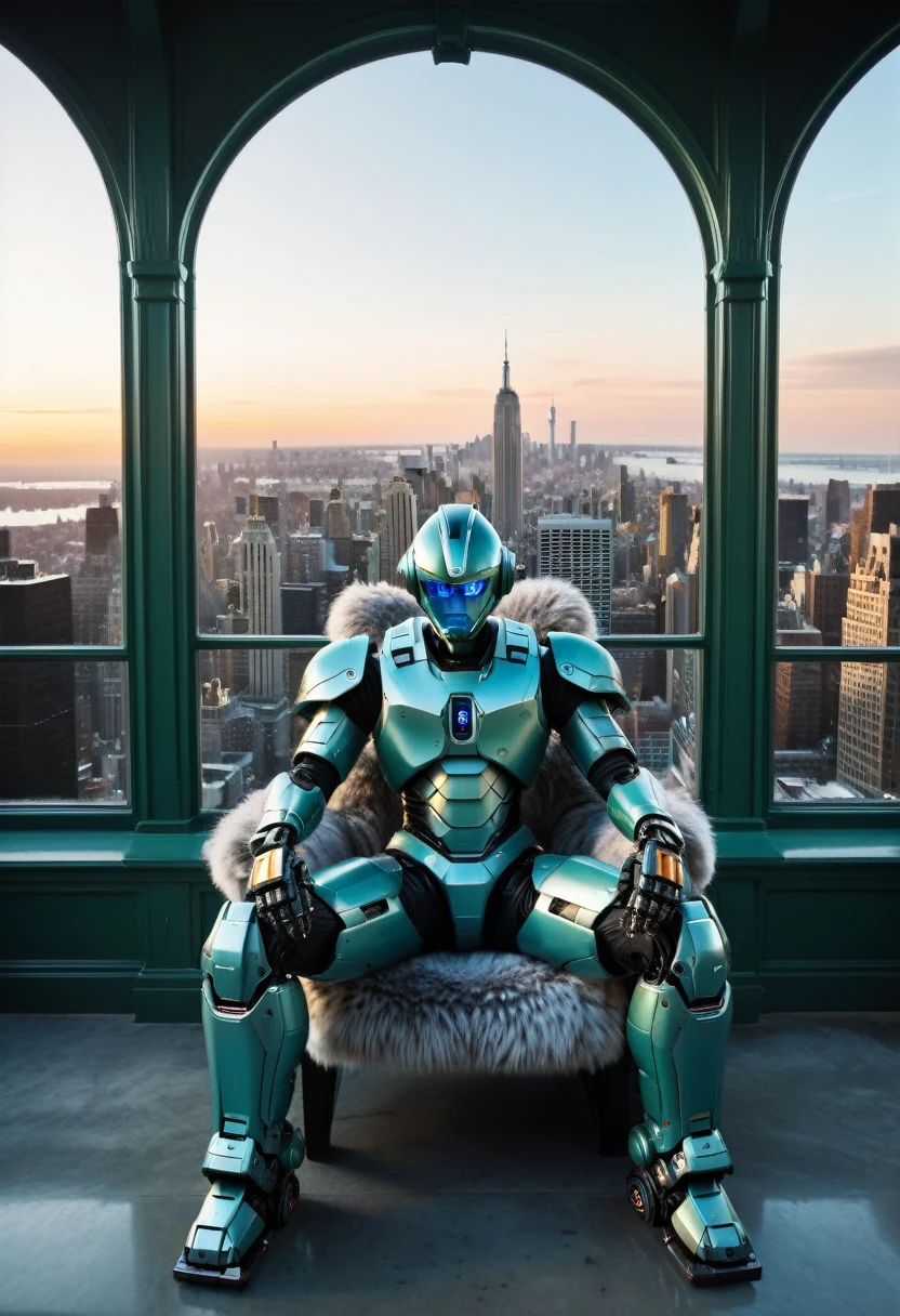 photograph, The man, with a floppy ears and piercing aquamarine eyes, sits in a harsh Nerdyfootstool, his wide-leg jumpsuit and clutch covered in intricate patterns of blue-green fur. He looks out at the vast expanse of space, his arms crossed as he studies his favorite robot, Cyborg. The scene takes place in a small, Victorian house in New York City. In the distance, at Sunset, horizon-centered, Cubo-futurism, Cinestill, Kodak UltraMax 400, perspective, (key visual, cinematic grey Color grading)