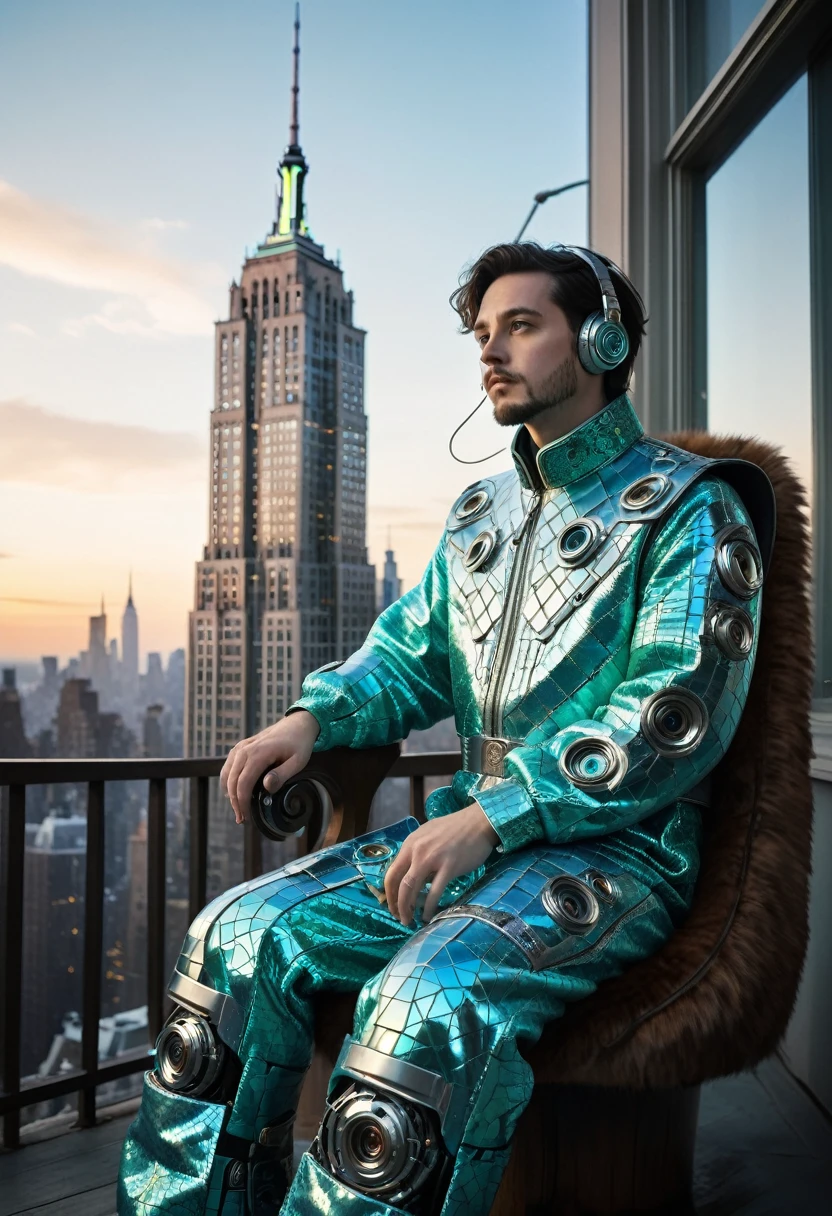 photograph, The man, with a floppy ears and piercing aquamarine eyes, sits in a harsh Nerdyfootstool, his wide-leg jumpsuit and clutch covered in intricate patterns of blue-green fur. He looks out at the vast expanse of space, his arms crossed as he studies his favorite robot, Cyborg. The scene takes place in a small, Victorian house in New York City. In the distance, at Sunset, horizon-centered, Cubo-futurism, Cinestill, Kodak UltraMax 400, perspective, (key visual, cinematic grey Color grading)