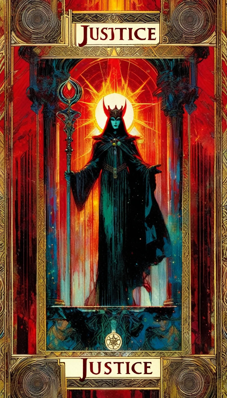 ((tarot card)) ((card frame)) , the justice, blood, artwork artwork by Bill Sienkiewicz, vivid colors, intricate details, oil.