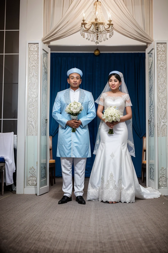 Photo of an Indonesian wedding with the groom and bride, wedding decorations in white. The groom is wearing a blue robe and a songkok cap. The bride is wearing a hijab and a gray dress. Behind them are wedding chairs and decorations with the words "Saif and Mutim"