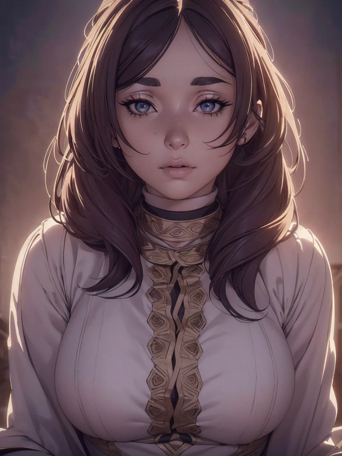 Huge breasted woman, highly detailed, (best quality,4k,8k,highres,masterpiece:1.2),ultra-detailed,(realistic,photorealistic,photo-realistic:1.37),extremely detailed eyes and face, beautiful detailed lips, longeyelashes, hyper-realistic skin, detailed clothing, dramatic lighting, cinematic composition, muted color palette, dramatic lighting, intricate details