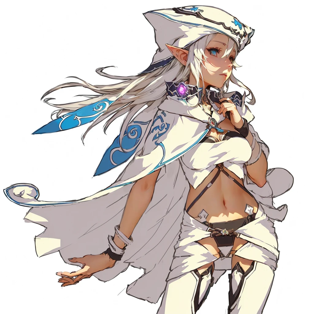 Anime girl with long white hair and blue eyes, elf ears, Looks at the viewer, Art style of Rune Factory 5, official character art, Guilty Gear Art Style, Jrpg-Charakterkunst, cushart krenz key art feminine, ( ( Concept art for characters ) ), 2 d sprite, human :: sorceress, detailed anime character art, /!\ the sorceress