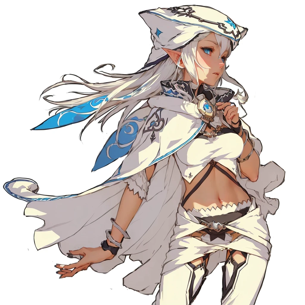 Anime girl with long white hair and blue eyes, elf ears, Looks at the viewer, Art style of Rune Factory 5, official character art, Guilty Gear Art Style, Jrpg-Charakterkunst, cushart krenz key art feminine, ( ( Concept art for characters ) ), 2 d sprite, human :: sorceress, detailed anime character art, /!\ the sorceress