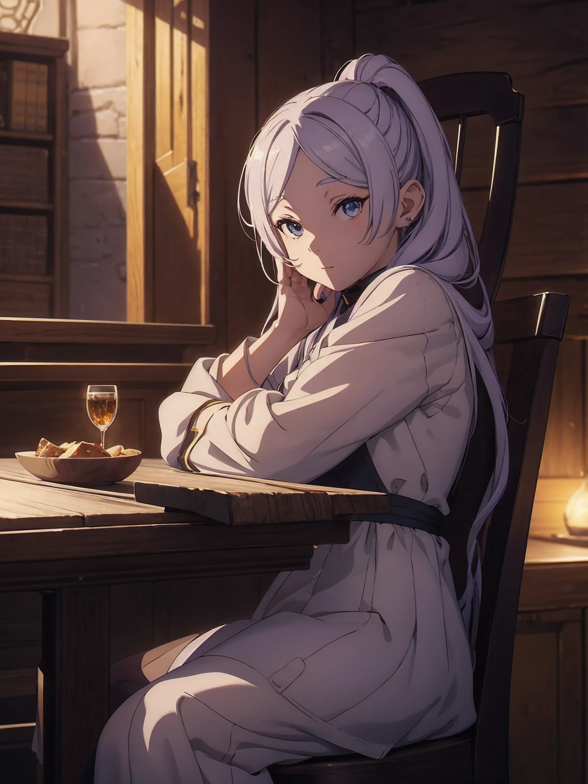 anime girl sitting in chair with a bowl of food in her hand, alchemist girl, light novel cover art, official art, epic light novel art cover, official artwork, epic light novel cover art, , isekai, small curvy lolishart krenz, cushart, cushart krenz key art feminine, shadowverse style, moe