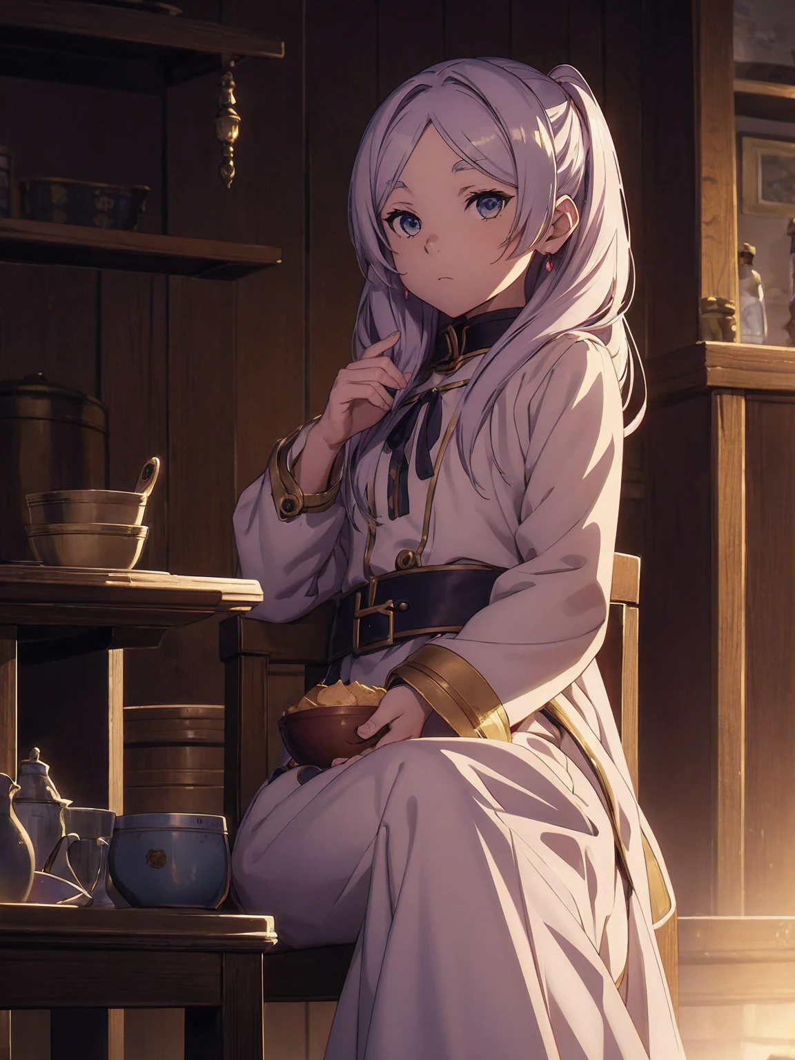 anime girl sitting in chair with a bowl of food in her hand, alchemist girl, light novel cover art, official art, epic light novel art cover, official artwork, epic light novel cover art, loli, isekai, small curvy loli, cushart krenz, cushart, cushart krenz key art feminine, shadowverse style, moe