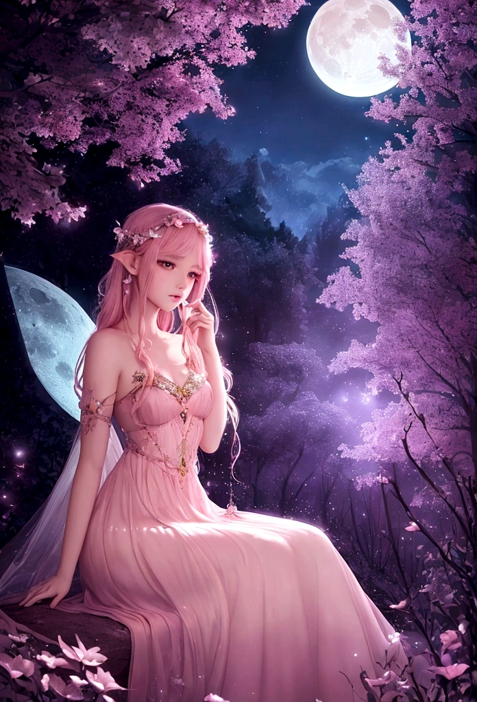 a fairy in a dreamlike night, whimsical fairytale background, dreamlike illustration, magical fairy background, pink moon, moonlit background, dreamy moonlit atmosphere, stars and moon themed, magical background, moon background, highly magical and dreamlike, magical dreamlike atmosphere, dreamlike art, dreamy detailed