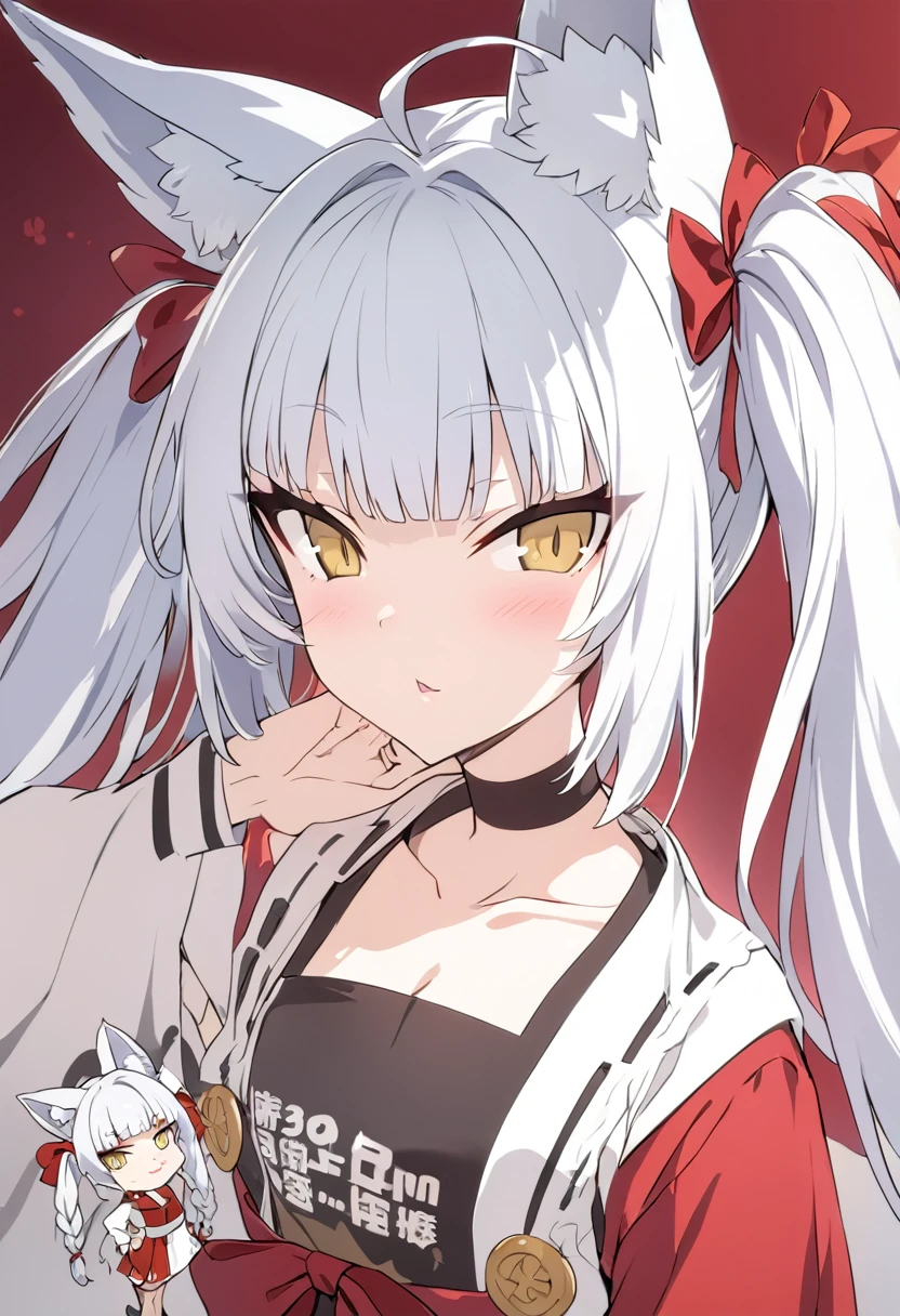 score_9,score_8_up,score_7_up,score_6_up,source_anime, masterpiece,asanagi styel,1girl,asanagi(azur lane), white hair, yellow eyes, twintails, braid, fox ears, red bow, miko clothe,neehigh,胸の前で手を組む,ガイナ立ち