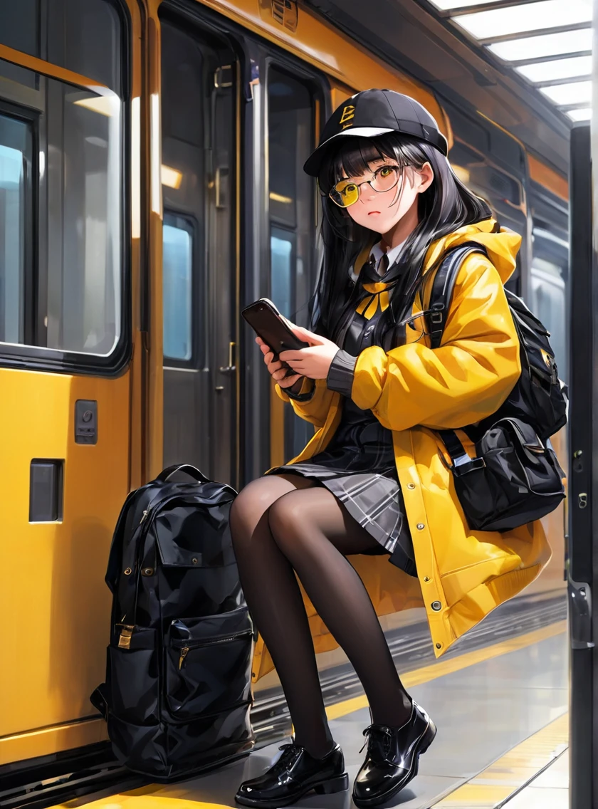 Girl 14 yr old wearing a jacket/ outer korean uniform school,... the inner clothes is casual knitted neck clothes, and use long leather black shoes. with backpack, she uses black hat. holding black glasses and smartphone... With a train (The inside part) in the background. And the pose of a recliner standing at the (The inside part) train door... GIVE effect of train tickets flying... And the girl's eyes seemed to shed a little tear. Physics: long Black hair, yellow eyes