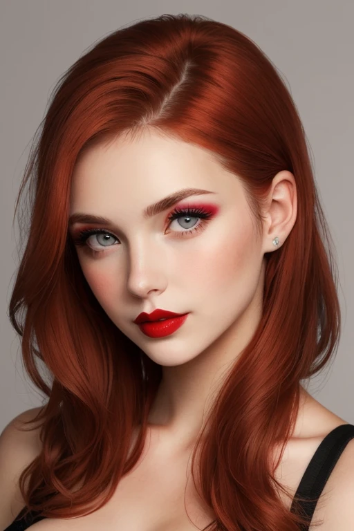 young caucasian woman, redhead, eyes light grey, thin face, full lips, red lipstick, soft makeup, large breasts, medium hair,