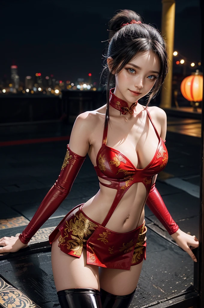 (RAW photo, best quality), Cute girl with short black hair, (ponytail), (city roof at night background), low light , dark eyeliner, happy smile, gorgeous face , super cute, 18 years old , young looking, hyper detailed face, dark eyeliner, (medium breast), (thin waist, super slender), (bare shoulders, (exposed hips), skintight and red PVC qipao china dress with yellow dragon decoration and vivid patterns, deep black leather thigh high boots, red PVC arm sleeves with yellow flower decorations and vivid patterns, cleavage, ((both hands on waist)), one leg in front of the other, (((barely exposed navel))), (((navel piercing)))
