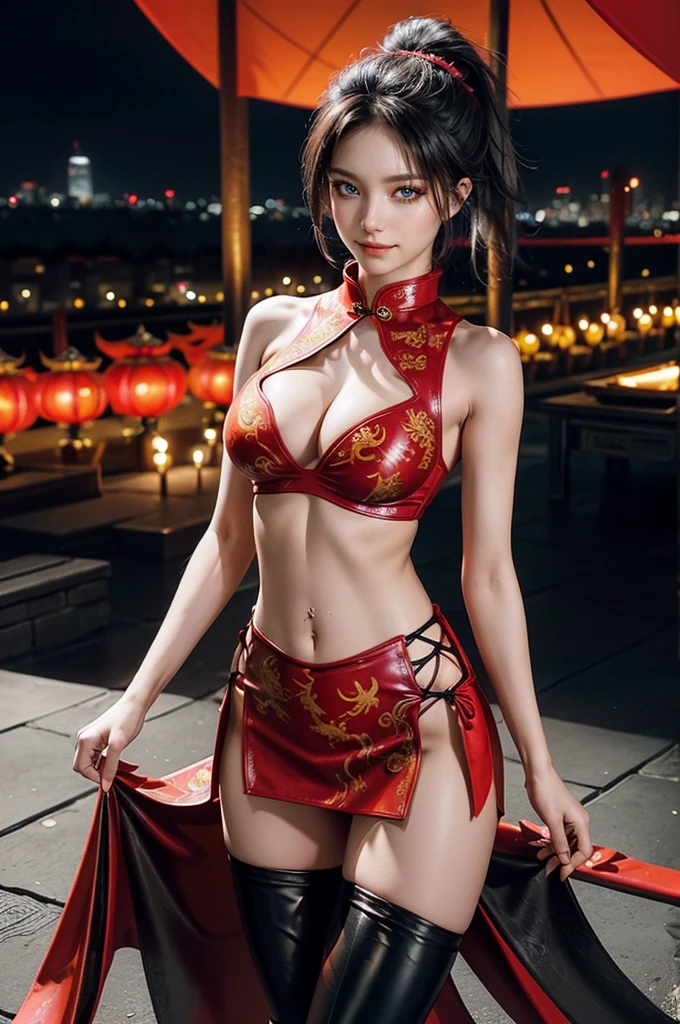 (RAW photo, best quality), Cute girl with short black hair, (ponytail), (city roof at night background), low light , dark eyeliner, happy smile, gorgeous face , super cute, 18 years old , young looking, hyper detailed face, dark eyeliner, (medium breast), (thin waist, super slender), (bare shoulders, (exposed hips), skintight and red PVC qipao china dress with yellow dragon decoration and vivid patterns, deep black leather thigh high boots, red PVC arm sleeves with yellow flower decorations and vivid patterns, cleavage, ((both hands on waist)), one leg in front of the other, (((barely exposed navel))), (((navel piercing)))