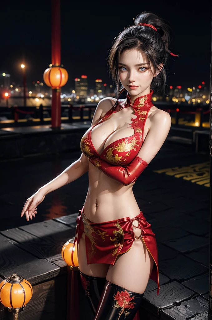 (RAW photo, best quality), Cute girl with short black hair, (ponytail), (city roof at night background), low light , dark eyeliner, happy smile, gorgeous face , super cute, 18 years old , young looking, hyper detailed face, dark eyeliner, (medium breast), (thin waist, super slender), (bare shoulders, (exposed hips), skintight and red PVC qipao china dress with yellow dragon decoration and vivid patterns, deep black leather thigh high boots, red PVC arm sleeves with yellow flower decorations and vivid patterns, cleavage, ((both hands on waist)), one leg in front of the other, (((barely exposed navel))), (((navel piercing)))