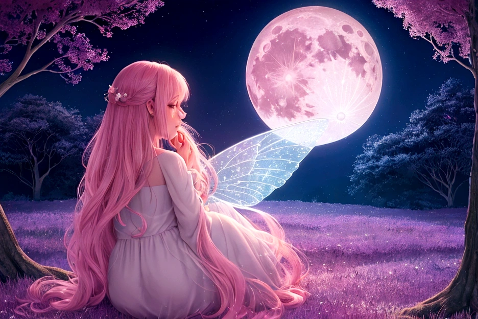 a fairy in a dreamlike night, whimsical fairytale background, dreamlike illustration, magical fairy background, pink moon, moonlit background, dreamy moonlit atmosphere, stars and moon themed, magical background, moon background, highly magical and dreamlike, magical dreamlike atmosphere, dreamlike art, dreamy detailed