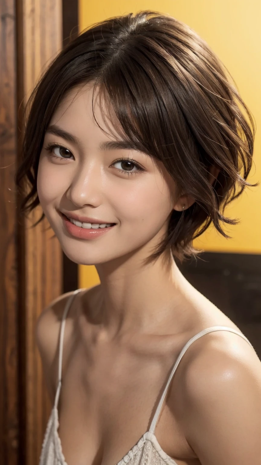 zydAFP, 1girl, detailed skin, looking at viewer, brown eyes, short hair, Smile, Open mouth