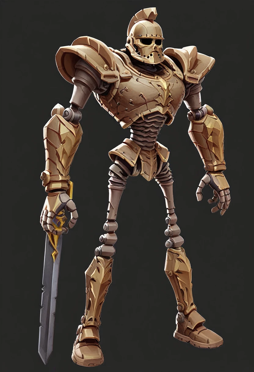 Create an image of a formidable fantasy warrior with an imposing presence. The character is wearing highly detailed and intricate armor that is primarily metallic silver and gray with black and gold accents. The warrior's helmet features a stern, expressionless faceplate with vertical grooves, giving it a skeletal or undead appearance. On the shoulders, there are two large hands that seem to be holding or supporting the head. The chest armor includes rib-like structures and a red emblem at the center. The shoulder pads are bulky with yellow accents, adding to the character's imposing look. The arm and leg armor is segmented with intricate designs, featuring mechanical joints. The character stands in a powerful and intimidating stance, with a slight forward lean that enhances its menacing aura. The background should be black to emphasize the warrior's details and create a dramatic effect.