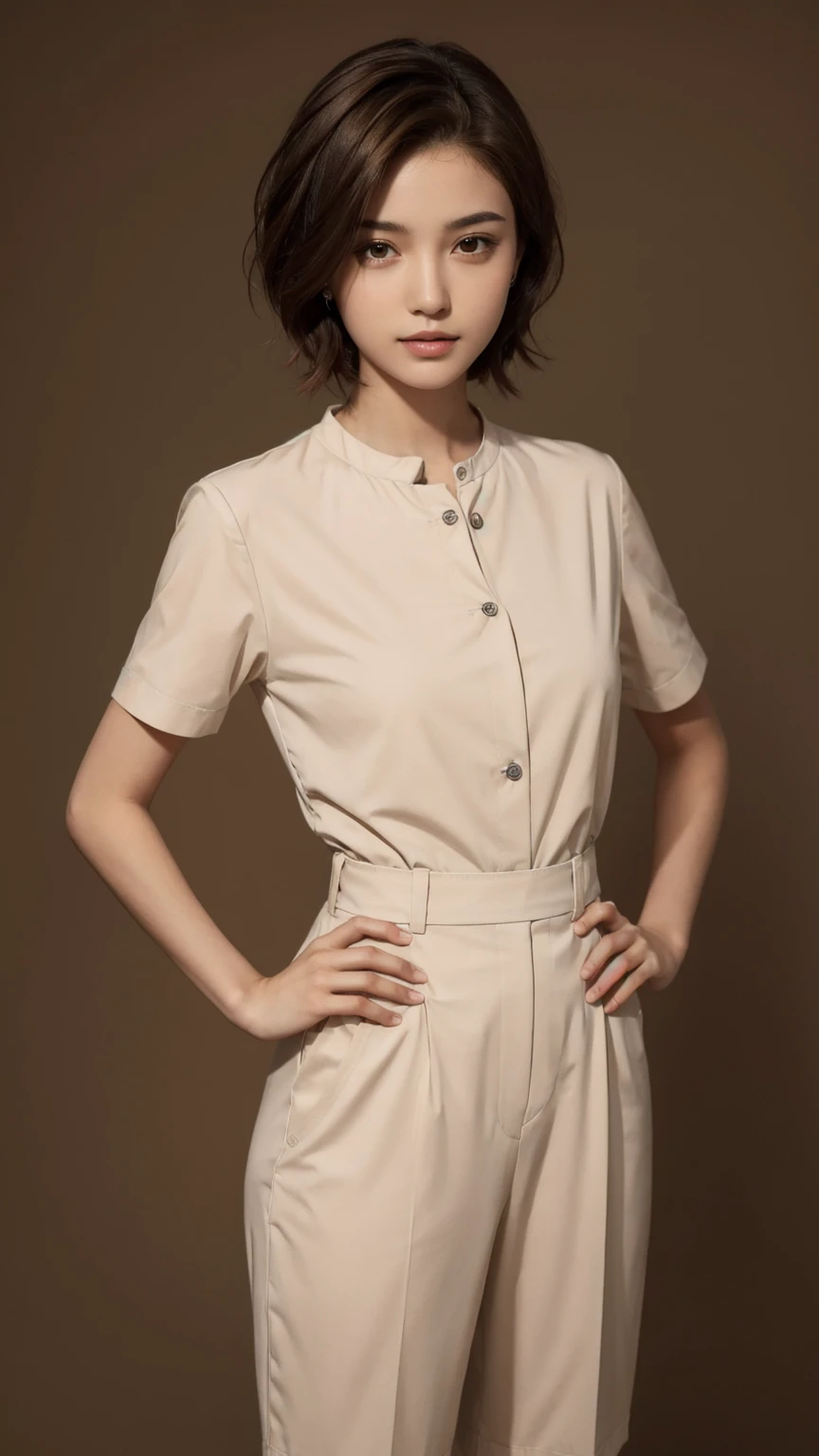 zydAFP, 1girl, detailed skin, looking at viewer, brown eyes, short hair, hands to hips