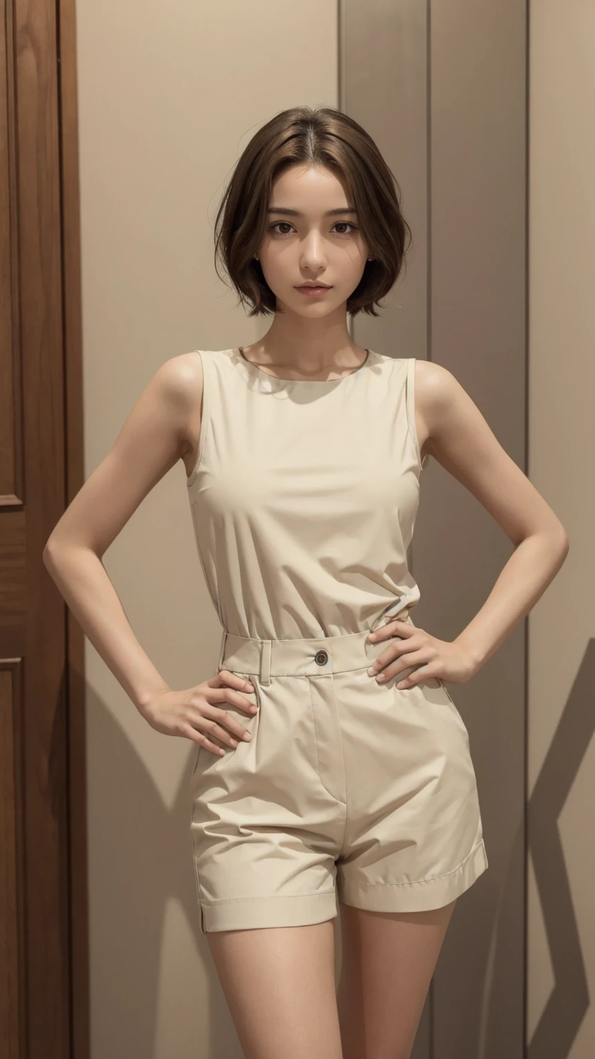 zydAFP, 1girl, detailed skin, looking at viewer, brown eyes, short hair, hands to hips
