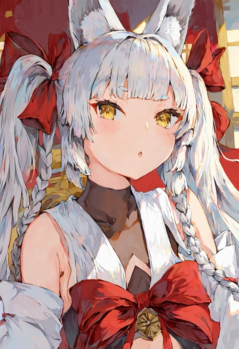 score_9,score_8_up,score_7_up,score_6_up,source_anime, masterpiece,asanagi styel,1girl,asanagi(azur lane), white hair, yellow eyes, twintails, braid, fox ears, red bow, miko clothe,neehigh,胸の前で手を組む,ガイナ立ち