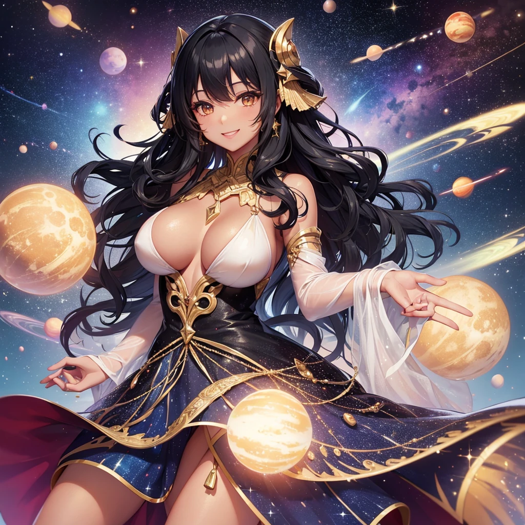 Woman with very long wavy big breast and black hair tan skin wearing a beautiful  glitter dress and smiling up. Little, surrounded by outerspace, planets, and galaxies