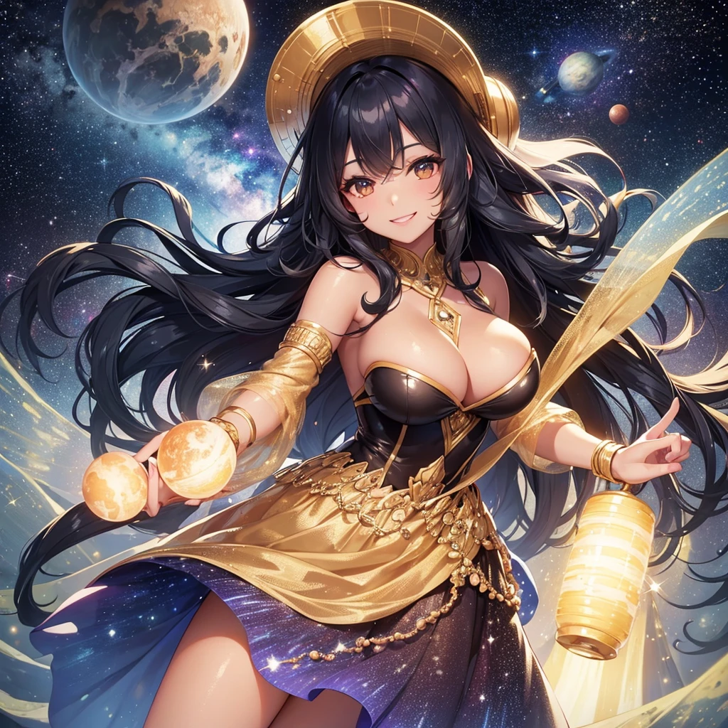 Woman with very long wavy big breast and black hair tan skin wearing a beautiful  glitter dress and smiling up. Little, surrounded by outerspace, planets, and galaxies