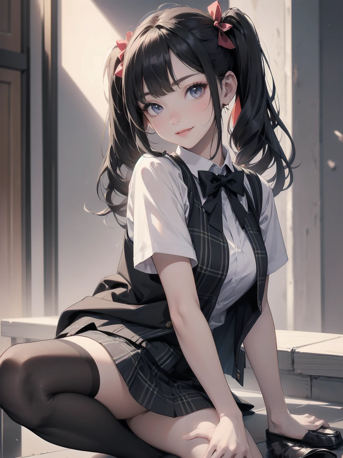 absurdres, absolutely resolution, incredibly absurdres, highres, ultra detailed, official art, unity 8k wallpaper,
BREAK
1 girl, soro, twintails, bow, cardigan vest, short sleeve shirt, plaid skirt, over black legwear, loafers, smile, Sexual girl, Dressy styles that are glamorous and pretty, with an emphasis on cuteness, bright shades and pop designs