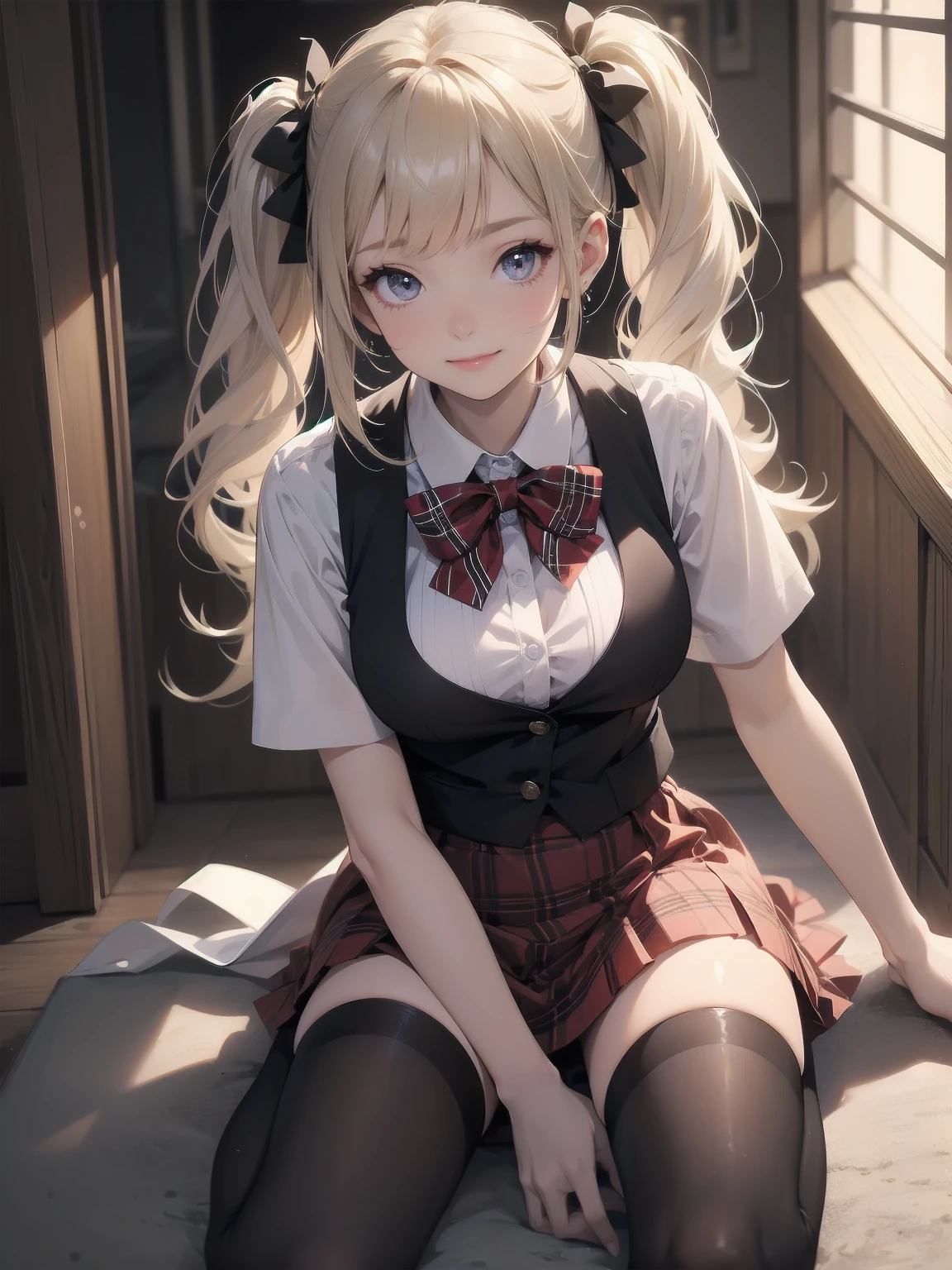 absurdres, absolutely resolution, incredibly absurdres, highres, ultra detailed, official art, unity 8k wallpaper,
BREAK
1 girl, soro, twintails, bow, cardigan vest, short sleeve shirt, plaid skirt, over black legwear, loafers, smile, Sexual girl, Dressy styles that are glamorous and pretty, with an emphasis on cuteness, bright shades and pop designs