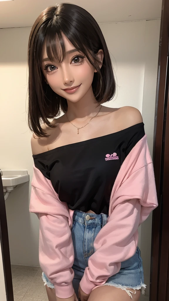 A short girl and black guy, girl wearing a oversized plain pink T-shirt seduces viewer while looking at viewer in the washroom, view from bellow, healthy thighs,
loli, , (evil smile:1.2), off-shoulder, long sleeve, tan skin, Saucy, blush,
The guy puts his hand on the girl's shoulder,
absurd-resolution, ultra-detailed, best quality, cute illustration,