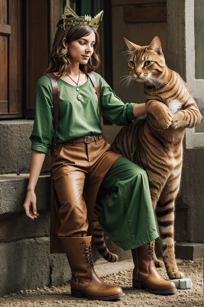 Anthropomorphic tabby cat with green shirt and brown pants, metal shoulder pads, brown boots with metal covering on the upper front, rainbow crown with a green gem in front, 5 gems hanging from your clothes