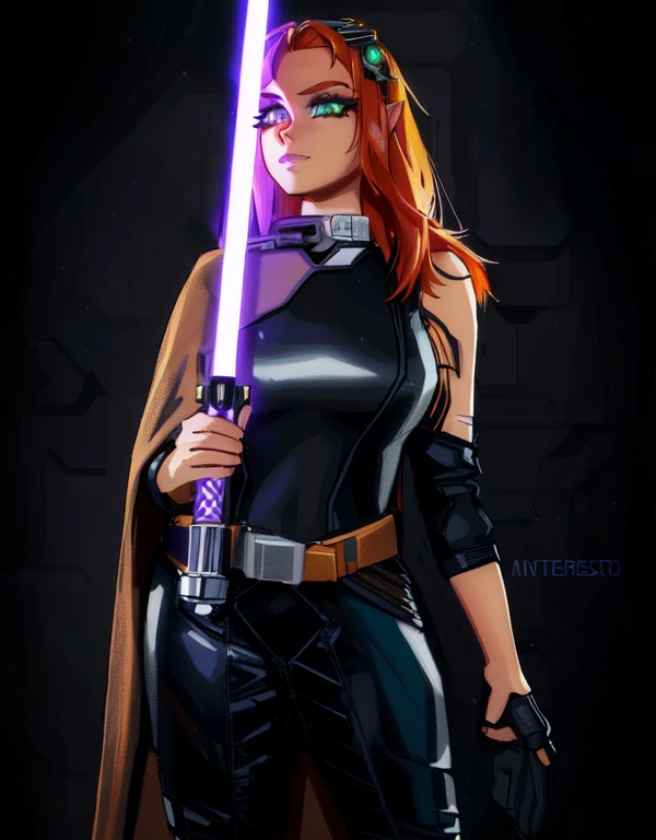 (best quality:1.3), (4K quality),masterpiece, best quality, high res, detailed, glowing lights, neon colors, CARTOON, ANIME, CARTOON ARTSTYLE, (Detailed face:1.2), (Detailed eyes:1.2), (Perfect figure:1.2), vintage science fiction, Star Wars based setting, extremely detailed face, long eyelashes, a upper body shot of a woman (Mara Jade), long orange hair, bright green eyes. She's wearing a shiny black leather suit, goggles, tan cape and brown leather belt. She's holding a purple lightsaber.