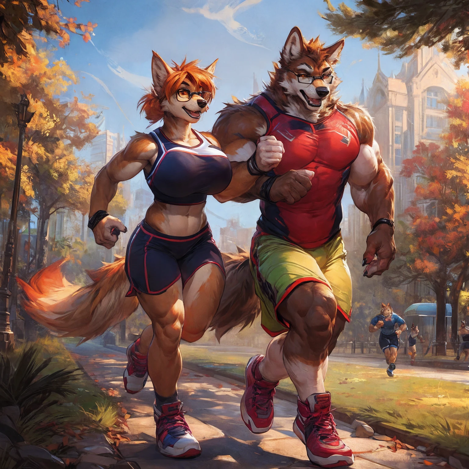 masterpiece, high-res, High Quality, The red-furred wolf has black hair and brown eyes., Masculine, Wear a blue T-shirt., Tight blue running shorts,penis(Overflow of the genitals..),One shota press the other one.,Orgasm,Sex life, Red Running Shoes, bara, no group, There are no doubles., smile, no logo mark, There are no additional members., at park, .3D, Mild ilumination, Light shadow, running, In the style of Tails Prower