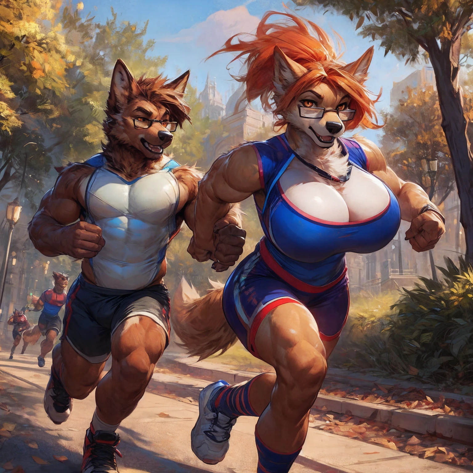 Duo, female, male, huge breasts, canine, white fur, orange eyes, orange hair, glasses, brown arms, muscular, in a park, running, workout clothes, by darkgem