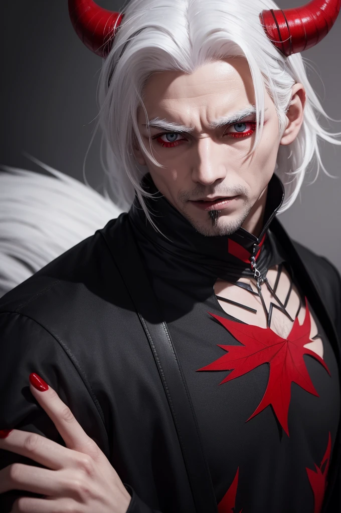 A man with white hair a pair of red horns with red iris with sharp teeth wearing black clothes