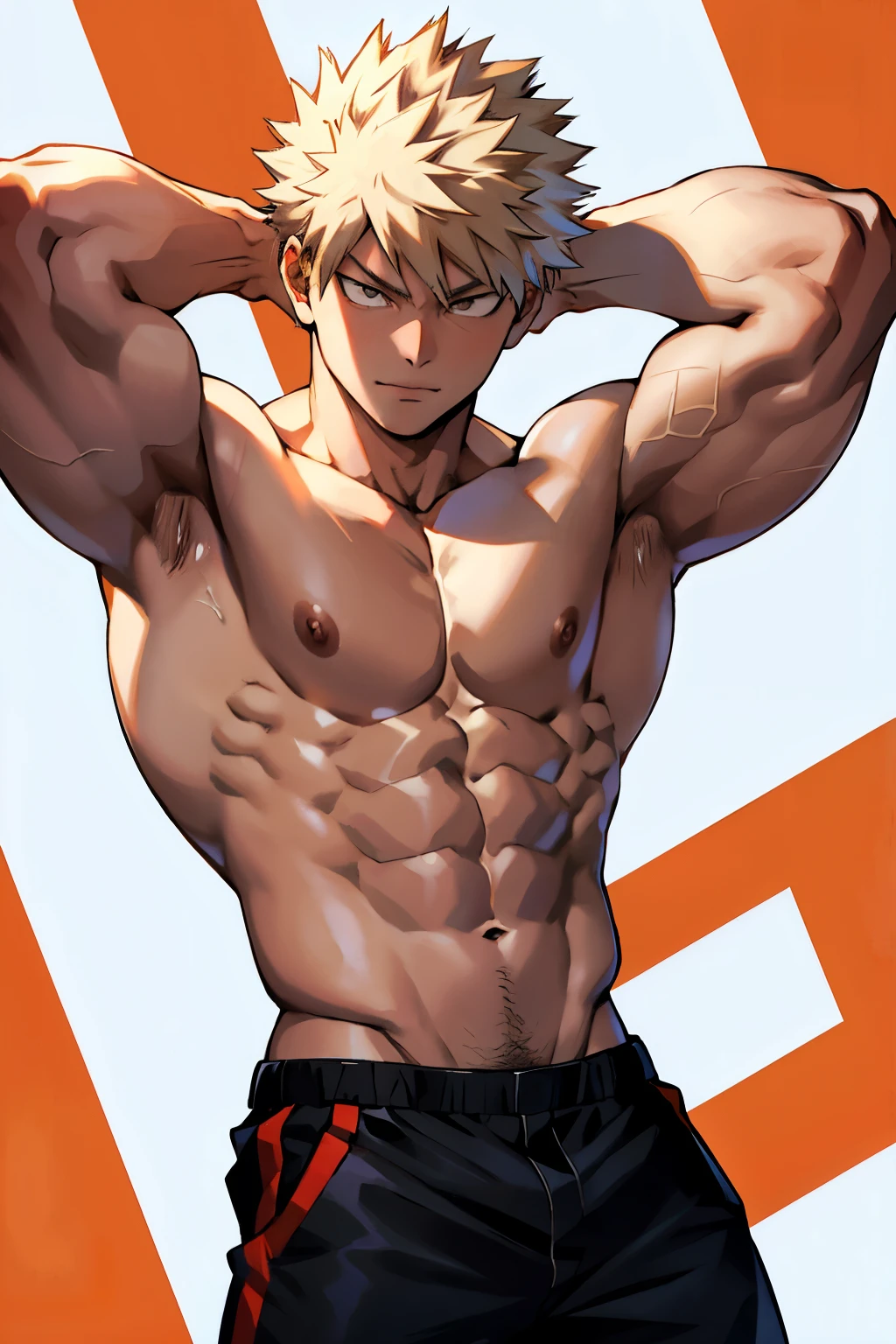 Katsuki Bakugo from Boku No Hero Academia, wearing black pants, bodybuilder, with oiled skin, posing, defined body, shirtless, abs