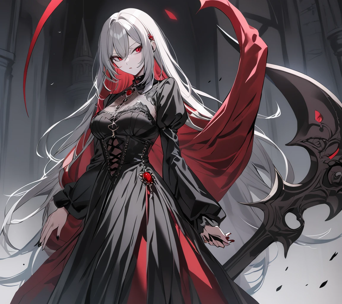 Adult Lady, long silver hair, Red Ruby Eyes, Black Gothic Dress, Grim Reaper Scythe
