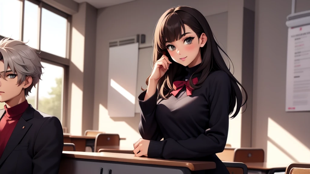 girl possesses long, flowing gray hair in stunning shades of blended. Paired with a boy with brown hair in an anime-style setting in classroom at the school,