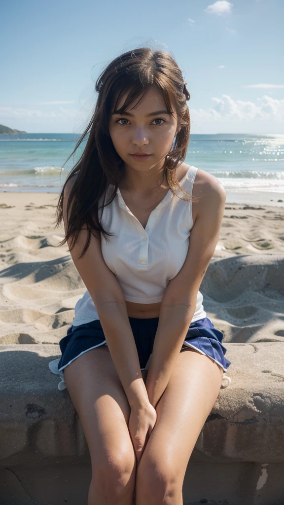 masterpiece, highest quality, One girl, View your viewers, one piece,, Nami OP, , School girl, sitting at the beach, beach view, alone