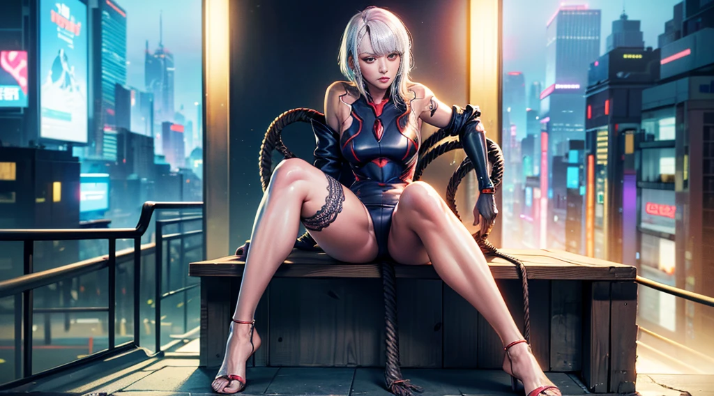 Photorealistic, woman in skimpy underwear (lace, full cyborg suit: 1.55) (Sit on the table: 1.5) (body turned towards viewer: 1.2), (head turned to the left: 1.8), (legs crossed: 1.4), black hair, cyborg, robot parts, beautiful detailed body and face, amorans, 2049, Japan girl at , cute, juvenile, sexual, sigh, Inviting, Afrofuturistic, Made in Maya, Samyan, 2070, Cyborg, Robot Parts, Beautiful Studio Soft Lights, Rim Lights, Vivid Details, Gorgeous Cyberpunk, Lacing, Hyper-Realistic, Anatomical, Facial Muscles, Cable Electrical Wires, Microchip, Elegant, Beautiful Backgrounds, Octane Rendering, 8K, Top Quality, Masterpiece, Illustration Very delicate and beautiful, highly detailed CG, unity, wallpaper, (realistic, photorealistic: 1.37), amazing, fine details, masterpiece, top quality, official art, highly detailed CG Unity 8k wallpaper, absurd, incredibly absurd, robot, silver halmet, (full body: 1.4), standing, (nsfw: 1.2), sticking out ass, Beautiful line cyberpunk cityscape with big buttocks and thin constriction, city with neon lights in the background, surprisingly detailed face