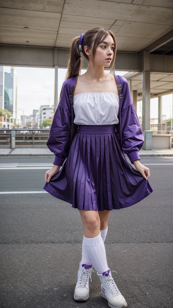 ((masterpiece, best quality))1girl, solo, fashion purple dress modern future, electric guitar, headphones, ponytail, holding, holding plectrum, instrument, very very long brown hair, music, one side up, teal hair, twin tails, playing guiter, pleated long skirt fashion, fashion dress modern purple and white, interior, full body, purple, sit down in retro classic chair, walking, jumping, beautiful boot modern, background japan city, fashion costume cosplay japan modern, execited, dance, jumping, running, fighting