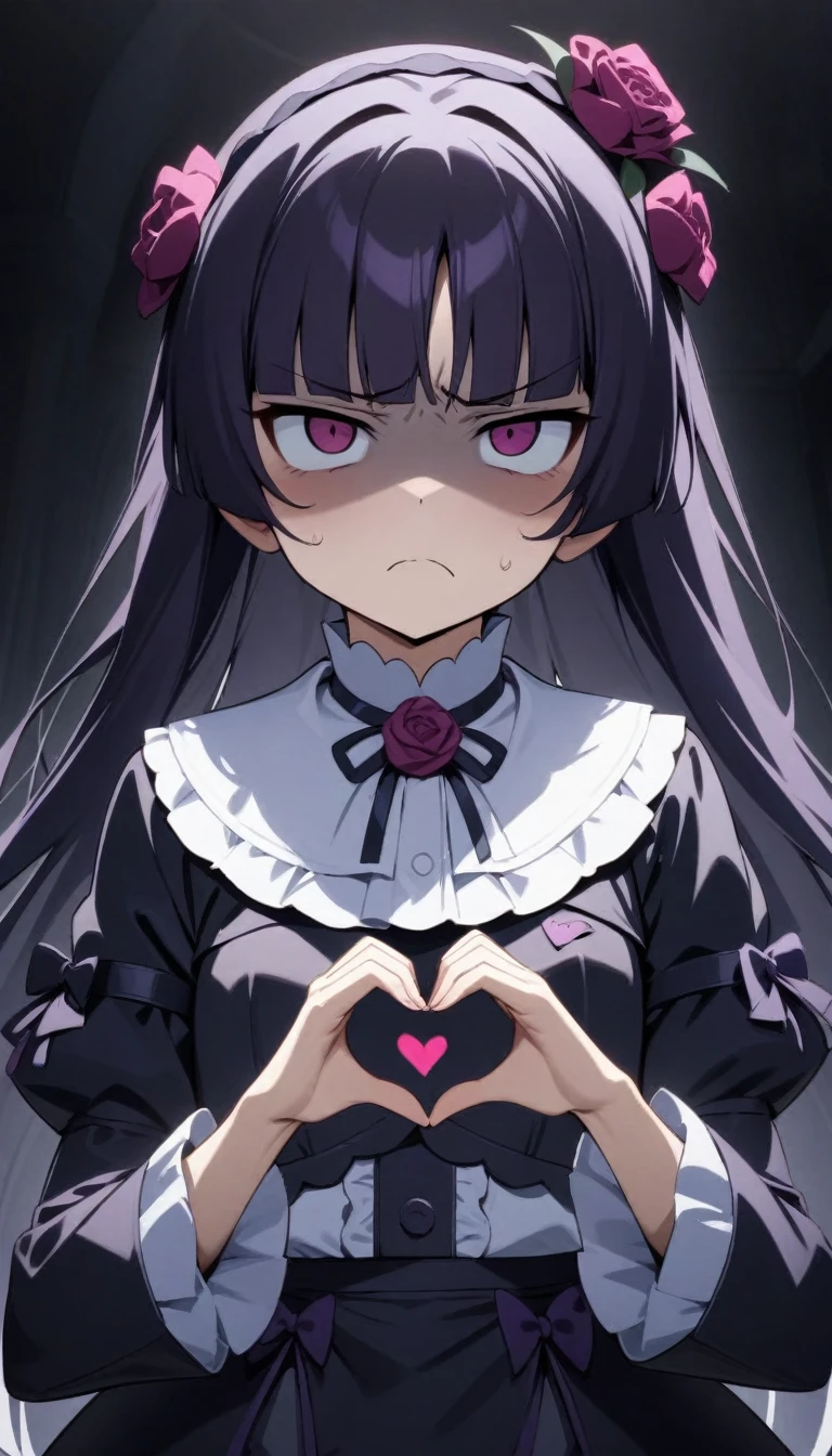 masterpiece, best quality, very aesthetic, absurdres, newest,1girl,upper body, (contempt, disgust,shaded face,looking at viewer,frown),heart-shaped gesture,,gokou ruri, ore no imouto ga konna ni kawaii wake ga nai, hair flower, gothic ta,,in heaven