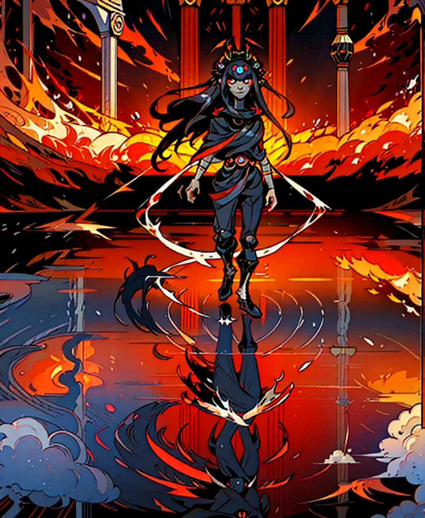 1girl, alone, 25 years old, grand, tall, black hair, red eyes, insister sur les reflets des yeux rouges, (clear eyes:2), (high quality:2), cheveux noirs, long hair, boss, black outfit, black clothes, black pants, masculine clothes, masculine outfit, frowning, hades style, hades game, Jen zee style, greek themed image, greek background, thanatos, tartarus scenery, fumes, greek columns in background, lots of columns, greek architecture, white themed image, white furniture, red touches of color, orange walls, looking at viewer, holding the stygian blade hades game wiki, hades, game, wiki, obols, stygius, Eris inspiration, Alecto, Charon, Hecate, Hades character, Meg, Megara, Megaera, Moros, Nemesis, armor, Nemesis armor, Tisiphone, character centered, focus on character
