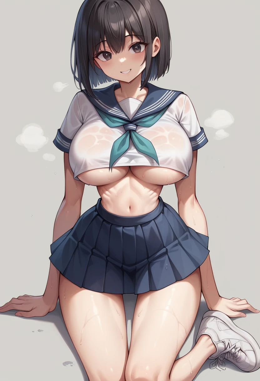 (masterpiece, best quality), front shot, 1girl, kawaii, (micro waist, super big breasts, very long legs:1.5), Very elongated thin body, short height, scrawny, tiny cute thin face, detailed face, cute smile, mini skirt, Tight serafuku, shows under boob, white sneakers, pigeon-toed, wet sweaty, visible ribs, ((Black medium hair)), Cowgirl play