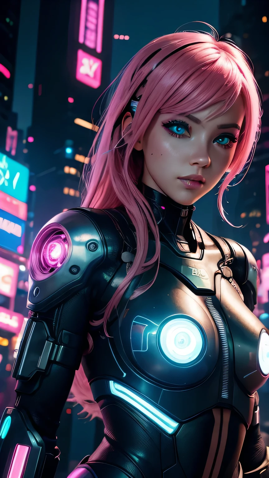 cyborg girl, robot hand, beautiful eyes, cyberpunk city background, neon light, pink hair, masterpiece, ultra high details