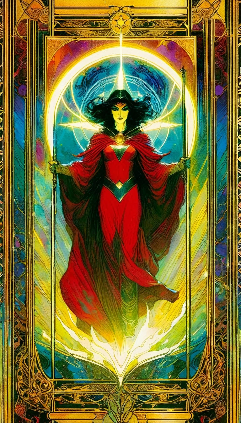 ((tarot card)) THE JUSTICE ((card frame)) , the justice, artwork artwork by Bill Sienkiewicz, vivid colors, intricate details, oil.
