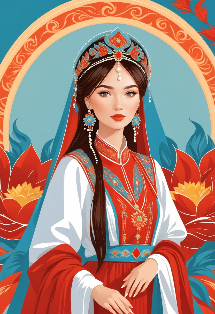 flat,Vector,careful painting,Simple lines,beautiful Kazakh girl, in national Kazakh clothes, Kazakh ornaments, portrait,Crown of the Phoenix,fringed tiara,Pearl crown,red, Lotus leaf background, Kazakh girl in national clothes