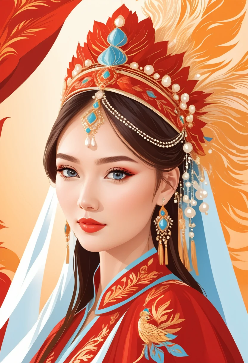 flat，Vector，careful painting，Simple lines，beautiful Kazakh girl， in national Kazakh clothes, Kazakh ornaments, portrait，Crown of the Phoenix，fringed tiara，Pearl crown，red， Lotus leaf background, Kazakh girl in national clothes
